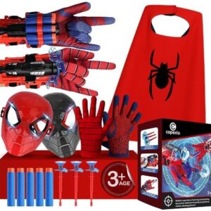 Superhero Web-Slinging Toy Set – 7-in-1 Superhero Set Includes 2 Web Shooters, 2 Hero Masks, 2 Gloves, and 1 Cape – Ideal for Indoor and Outdoor Costume Role-Playing, Imaginative Play for Kids Ages 3+