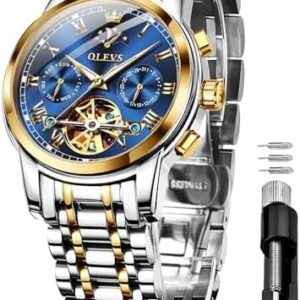 OLEVS Mens Automatic Watches Skeleton Tourbillon Mechanical Self Winding Luxury Dress Wrist Watch Moon Phase Day Date Waterproof Luminous Watch Gifts
