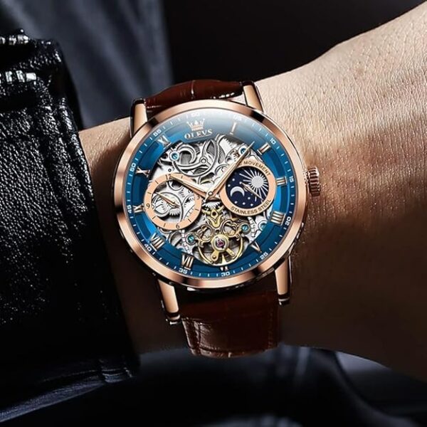 OLEVS Men Skeleton Watch Automatic Winding Moon Phase Dress Luxury Leather Strap Waterproof Luminous Men Wrist Watch - Image 5