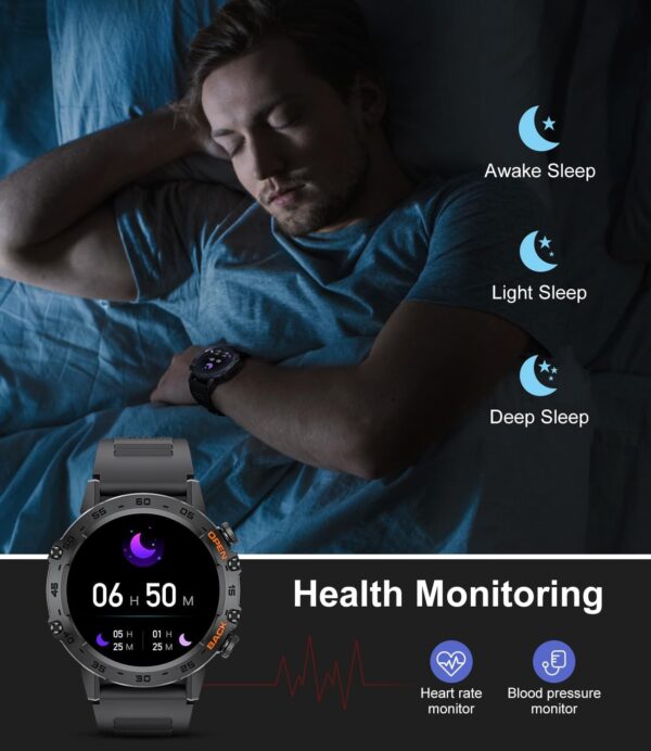 Military Smart Watch for Men(Answer/Dial Calls),100 Sports Modes, 5ATM Waterproof Fitness Watch with Heart Rate/SpO2/Blood Pressure for Android and iOS,1.39''HD DIY Screen Smartwatch Black - Image 5
