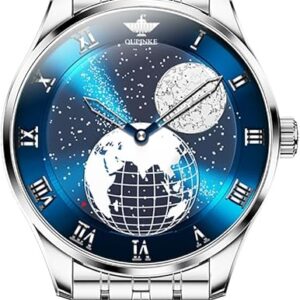 OUPINKE Men Automatic Watch Starry Sky Moon Phase Rose Gold Silver Stainless Steel Self-Winding Luxury Business Waterproof Wrist Watch