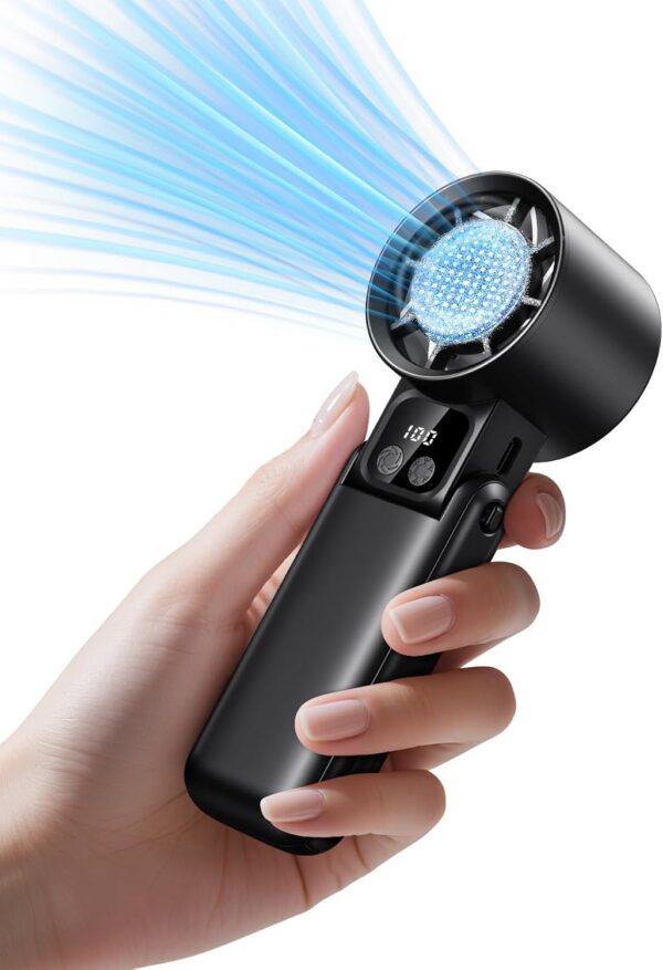 Qtitis Portable Handheld Fan with Ice Cooler, 5 Gear Wind,Hand Fans with 15000RPM Air Turbo Tech, 3-in-1 Foldable Fans,Digital Display, Rechargeable, Small Portable Fan for Travel,Hiking,Beach,Office