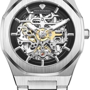 Pierre Richardson Men’s Luxury Watch PR5721 – Silver Stainless Steel Automatic Skeleton , 41mm, 5ATM Water Resistant, Scratch-Resistant Sapphire Crystal Glass, Elegant Dress Watch for Men, Reloj para Hombres