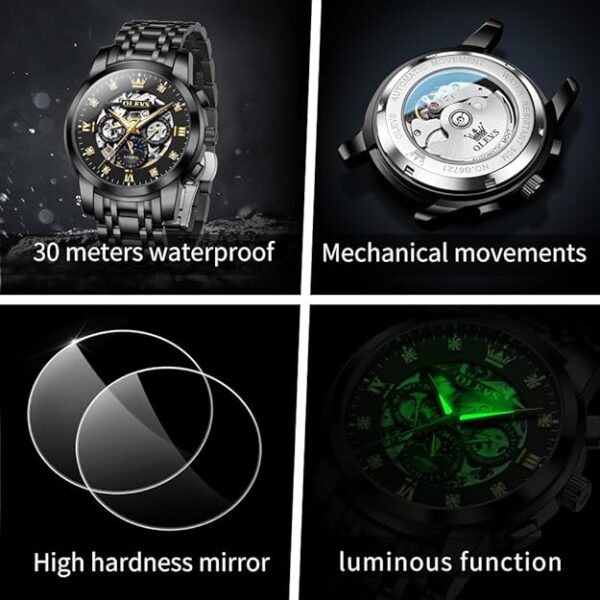 OLEVS Mens Automatic Watch Skeleton Diamond Luxury Mechanical Self Winding Dress Wrist Watch Waterproof Luminous - Image 3