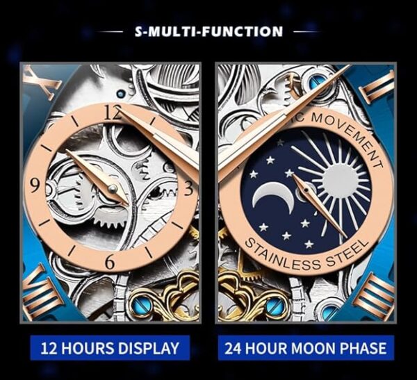 OLEVS Men Skeleton Watch Automatic Winding Moon Phase Dress Luxury Leather Strap Waterproof Luminous Men Wrist Watch - Image 3