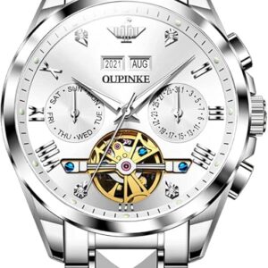 OUPINKE Mens Watches Automatic Skeleton Tourbillon Self Winding Luxury Sapphire Crystal Business Dress Wristwatch