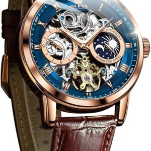 OLEVS Men Skeleton Watch Automatic Winding Moon Phase Dress Luxury Leather Strap Waterproof Luminous Men Wrist Watch