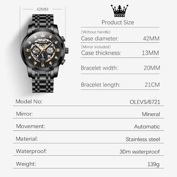 OLEVS Mens Automatic Watch Skeleton Diamond Luxury Mechanical Self Winding Dress Wrist Watch Waterproof Luminous - Image 2