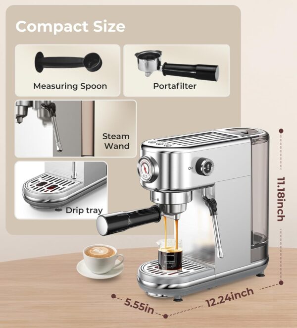 Espresso Machine with Milk Frother, 20 Bar High Pressure Professional Espresso Maker Automatic, Compact Stainless Steel Coffee Machine for Cappuccino, Latte, Gift for Coffee Lover, Silver - Image 9