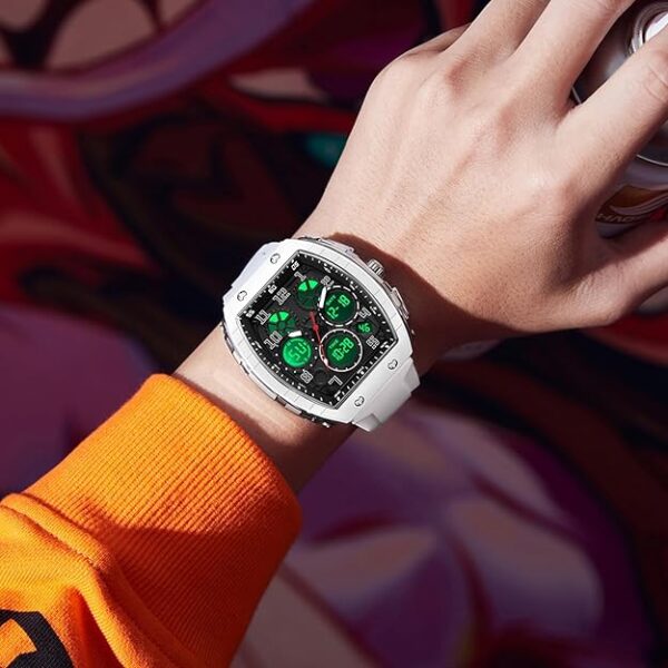 Watches for Men Unique Rectangle Relojes para Hombres White Wristwatch with Digital Analog Dual Time Display Countdown Stopwatch Punk Cool Design 5ATM Waterproof - Image 4