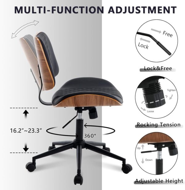 Home Office Chair No Arms with Wheels, Adjustable Height Small Desk Chair, PU Leather Mid Back 360 Swivel Computer Chair, Armless Modern Walnut Chair for Office, Reading Meeting Room(Black) - Image 6