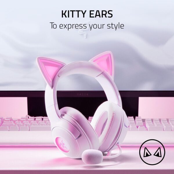 Razer Kraken Kitty V2 USB Wired Headset: Chroma RGB Kitty Ears - Stream Reactive Lighting - HyperClear Cardioid Mic - 40 mm Drivers - 7.1 Surround Sound - Comfortable Ear Cushions - White - Image 9