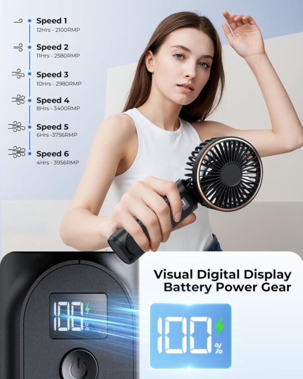 Portable Handheld Fan, 4000mAh, 180 Adjustable, 6 Speed Wind, Display Electricity in Real Time, USB Rechargeable Foldable Personal Fan - Image 4