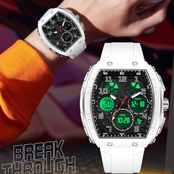 Watches for Men Unique Rectangle Relojes para Hombres White Wristwatch with Digital Analog Dual Time Display Countdown Stopwatch Punk Cool Design 5ATM Waterproof - Image 3