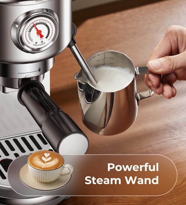 Espresso Machine with Milk Frother, 20 Bar High Pressure Professional Espresso Maker Automatic, Compact Stainless Steel Coffee Machine for Cappuccino, Latte, Gift for Coffee Lover, Silver - Image 6