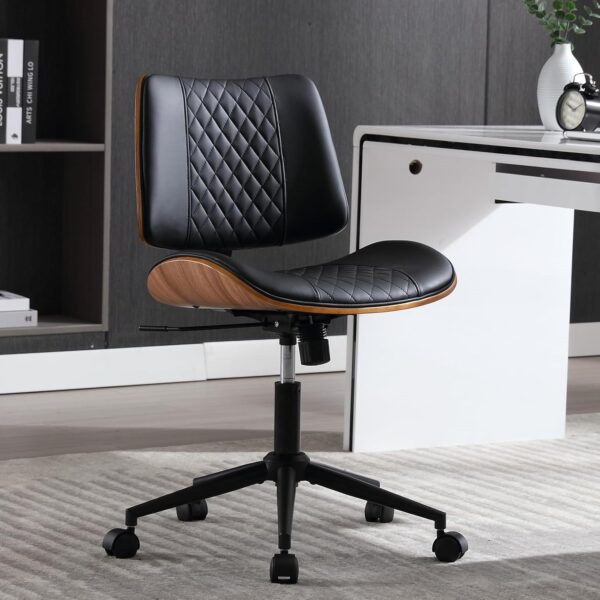 Home Office Chair No Arms with Wheels, Adjustable Height Small Desk Chair, PU Leather Mid Back 360 Swivel Computer Chair, Armless Modern Walnut Chair for Office, Reading Meeting Room(Black) - Image 10