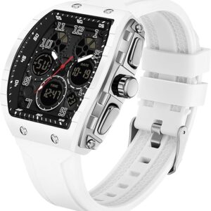 Watches for Men Unique Rectangle Relojes para Hombres White Wristwatch with Digital Analog Dual Time Display Countdown Stopwatch Punk Cool Design 5ATM Waterproof