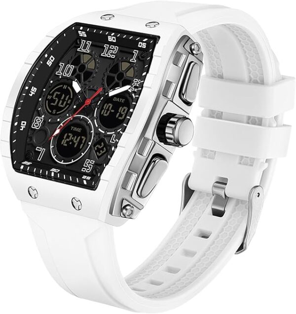 Watches for Men Unique Rectangle Relojes para Hombres White Wristwatch with Digital Analog Dual Time Display Countdown Stopwatch Punk Cool Design 5ATM Waterproof