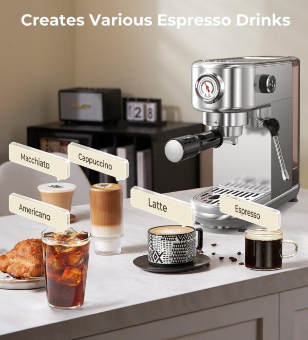 Espresso Machine with Milk Frother, 20 Bar High Pressure Professional Espresso Maker Automatic, Compact Stainless Steel Coffee Machine for Cappuccino, Latte, Gift for Coffee Lover, Silver - Image 8
