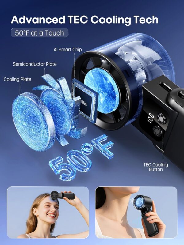 Qtitis Portable Handheld Fan with Ice Cooler, 5 Gear Wind,Hand Fans with 15000RPM Air Turbo Tech, 3-in-1 Foldable Fans,Digital Display, Rechargeable, Small Portable Fan for Travel,Hiking,Beach,Office - Image 3