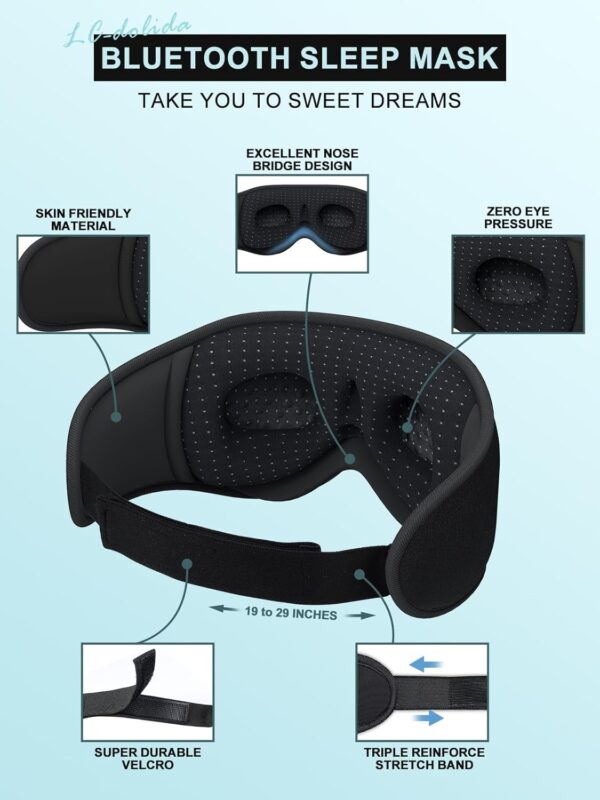 LC-dolida Sleep Headphones, 3D Sleep Mask Bluetooth Wireless Music Eye Mask, Sleeping Headphones for Side Sleepers Sleep Mask with Bluetooth Headphones Ultra-Thin Stereo Speakers Perfect for Sleeping - Image 5