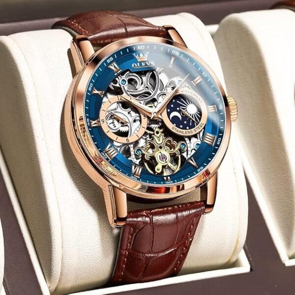 OLEVS Men Skeleton Watch Automatic Winding Moon Phase Dress Luxury Leather Strap Waterproof Luminous Men Wrist Watch - Image 4
