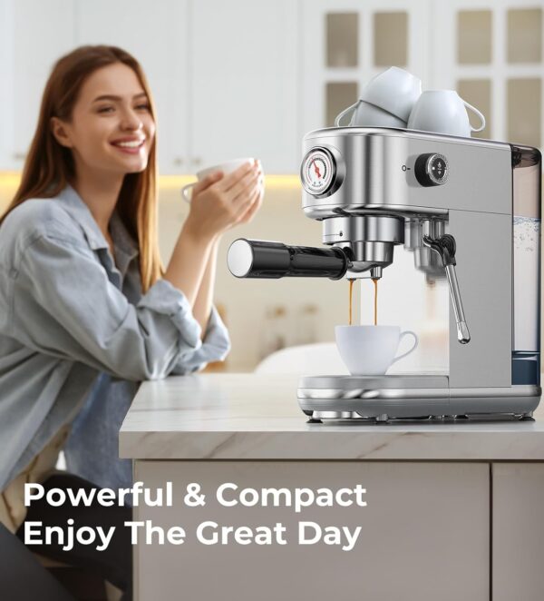 Espresso Machine with Milk Frother, 20 Bar High Pressure Professional Espresso Maker Automatic, Compact Stainless Steel Coffee Machine for Cappuccino, Latte, Gift for Coffee Lover, Silver - Image 7