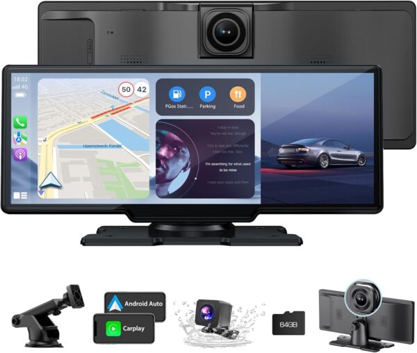 10.26" HD Wireless Android & Carplay Screen for Car, Portable Touchscreen Car Stereo with 4K Dash Cam, 1080P Backup Camera, Bluetooth, AUX/FM, Siri,...