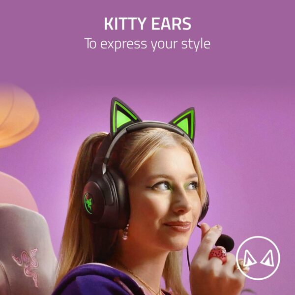 Razer Kraken Kitty V2 USB Wired Headset: Chroma RGB Kitty Ears - Stream Reactive Lighting - HyperClear Cardioid Mic - 40 mm Drivers - 7.1 Surround Sound - Comfortable Ear Cushions - Black - Image 6