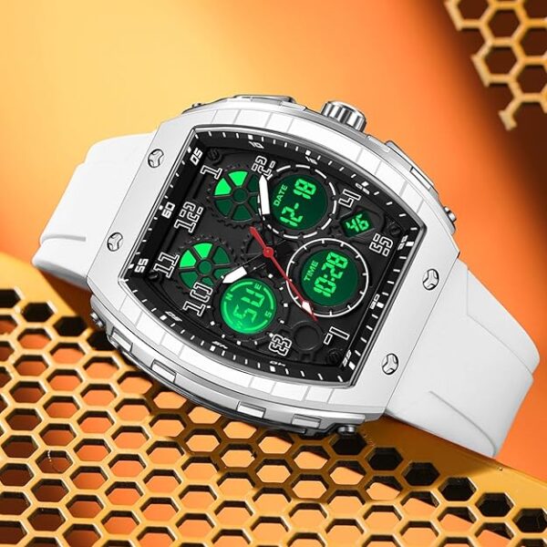 Watches for Men Unique Rectangle Relojes para Hombres White Wristwatch with Digital Analog Dual Time Display Countdown Stopwatch Punk Cool Design 5ATM Waterproof - Image 5