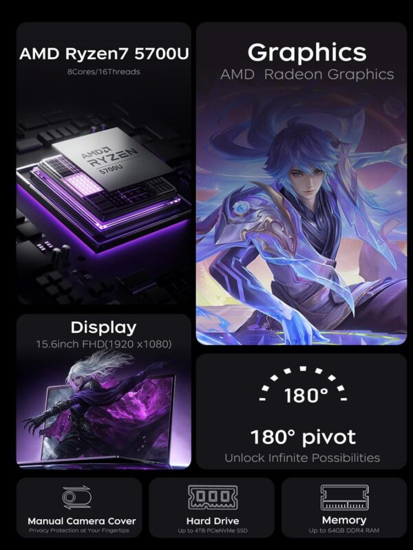 2025 AMD Laptop, 15.6inch Laptop Computer with AMD Ryzen 7 5700U(8C/16T, Up to 4.3GHz), 16GB RAM 512GB NVMe SSD Windows 11 Laptop, Radeon RX Vega 8 Graphics,WiFi 6 - Image 3