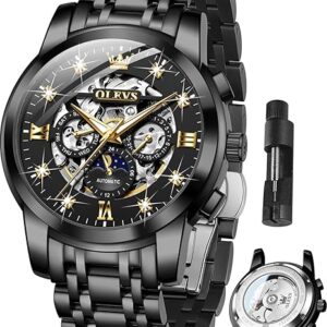 OLEVS Mens Automatic Watch Skeleton Diamond Luxury Mechanical Self Winding Dress Wrist Watch Waterproof Luminous