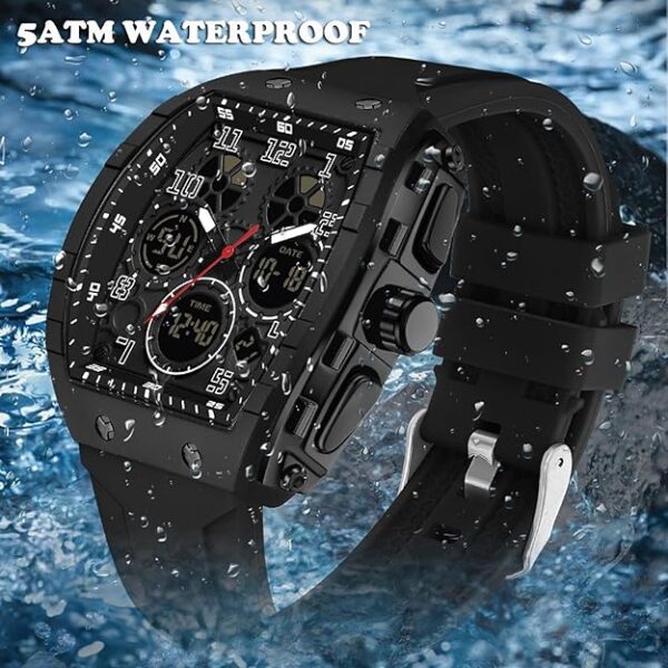 Watches for Men Unique Rectangle Relojes para Hombres White Wristwatch with Digital Analog Dual Time Display Countdown Stopwatch Punk Cool Design 5ATM Waterproof - Image 2