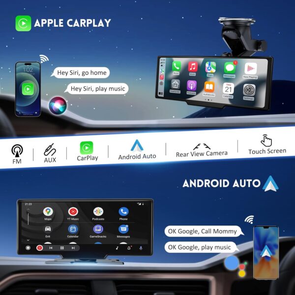 10.26" HD Wireless Android & Carplay Screen for Car, Portable Touchscreen Car Stereo with 4K Dash Cam, 1080P Backup Camera, Bluetooth, AUX/FM, Siri, Mirror Link, GPS Navigation - Image 5
