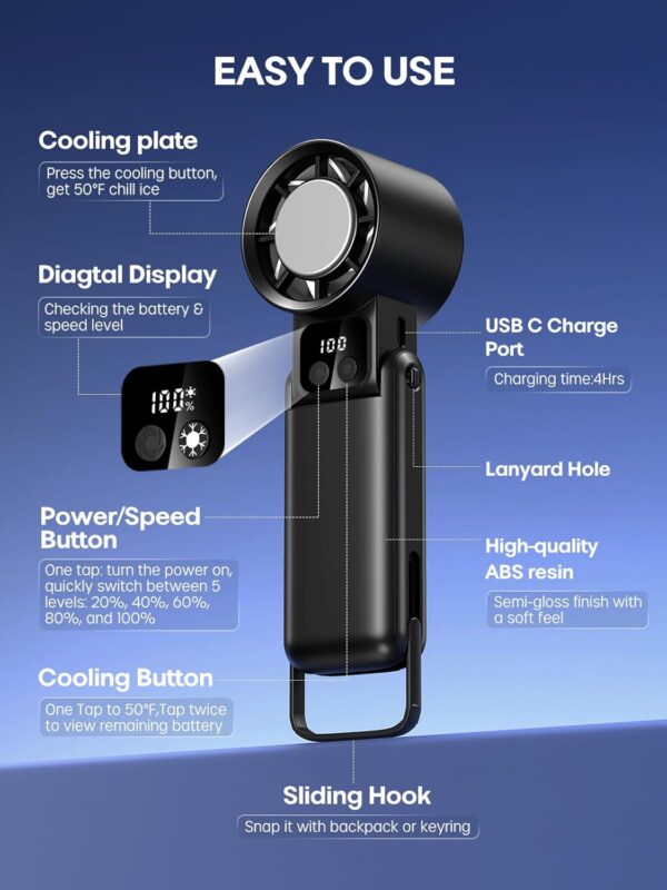 Qtitis Portable Handheld Fan with Ice Cooler, 5 Gear Wind,Hand Fans with 15000RPM Air Turbo Tech, 3-in-1 Foldable Fans,Digital Display, Rechargeable, Small Portable Fan for Travel,Hiking,Beach,Office - Image 5