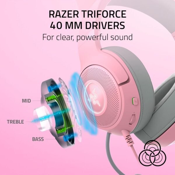 Razer Kraken Kitty V2 USB Wired Headset: Chroma RGB Kitty Ears - Stream Reactive Lighting - HyperClear Cardioid Mic - 40 mm Drivers - 7.1 Surround Sound - Comfortable Ear Cushions - Quartz Pink - Image 6