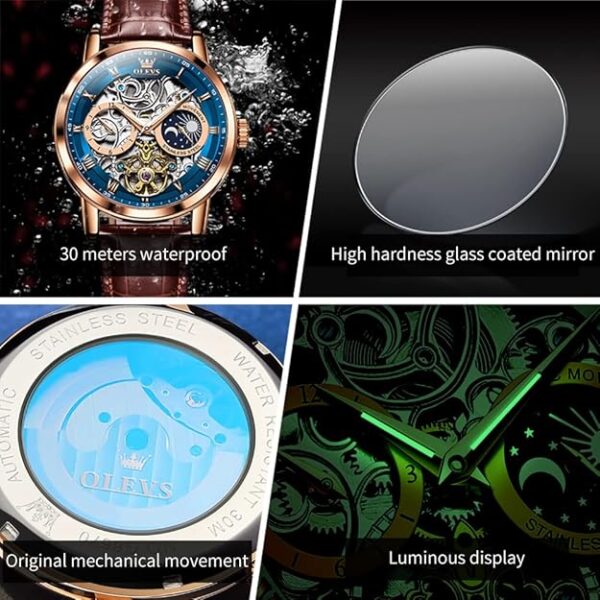 OLEVS Men Skeleton Watch Automatic Winding Moon Phase Dress Luxury Leather Strap Waterproof Luminous Men Wrist Watch - Image 2