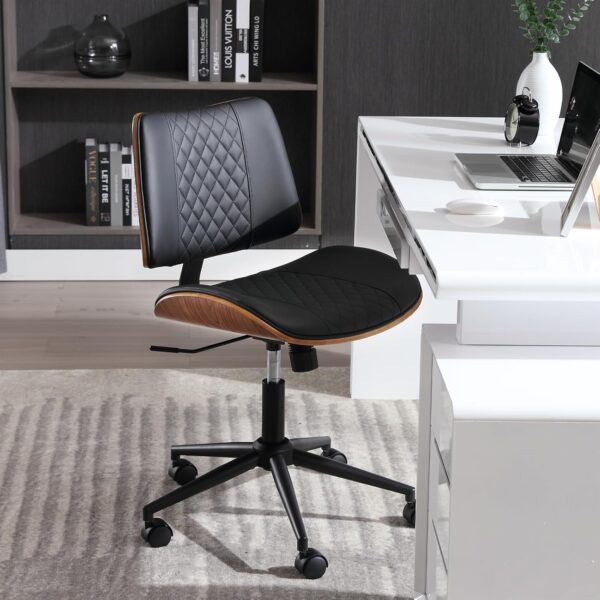 Home Office Chair No Arms with Wheels, Adjustable Height Small Desk Chair, PU Leather Mid Back 360 Swivel Computer Chair, Armless Modern Walnut Chair for Office, Reading Meeting Room(Black) - Image 7