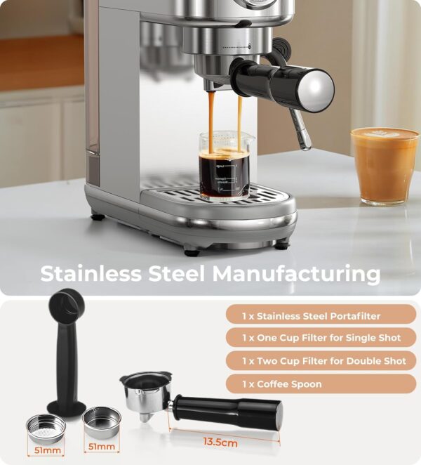 Espresso Machine with Milk Frother, 20 Bar High Pressure Professional Espresso Maker Automatic, Compact Stainless Steel Coffee Machine for Cappuccino, Latte, Gift for Coffee Lover, Silver - Image 2