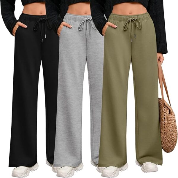 Riyiper 3 Pack Women Wide Leg Sweatpants Drawstring Straight Pants Elastic Waist Joggers Open Bottom Sweatpants with Pockets - Image 4