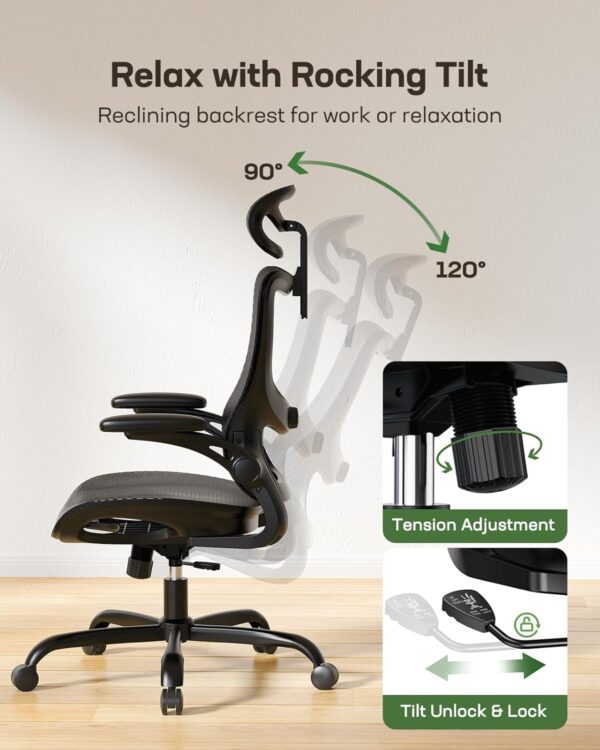 Marsail Ergonomic Mesh Office Chair High Back Home Office Desk Chair with Adaptive Lumbar Support, 2D Headrest, 3D Flip-Up Armrests, Height Adjustable and Rocking Tilt for Home Office and Gaming - Image 2