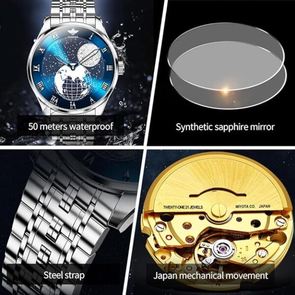 OUPINKE Men Automatic Watch Starry Sky Moon Phase Rose Gold Silver Stainless Steel Self-Winding Luxury Business Waterproof Wrist Watch - Image 2