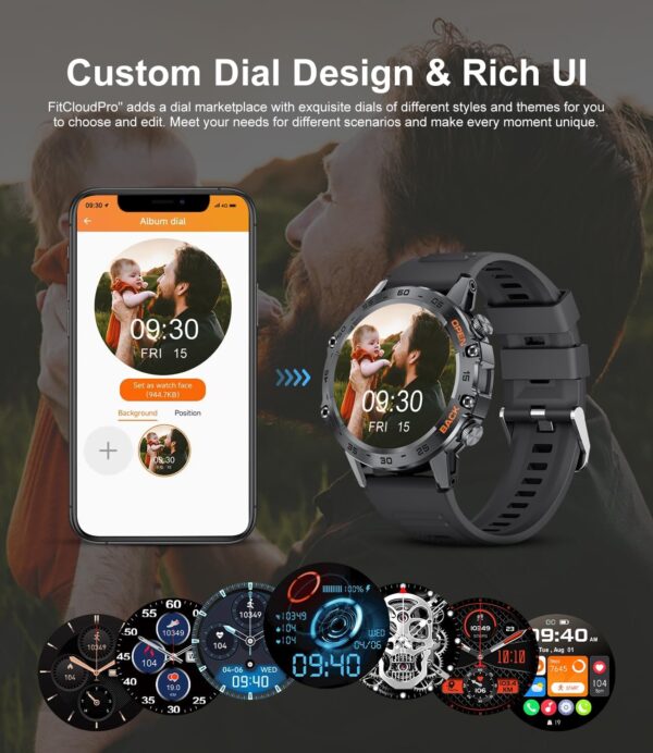 Military Smart Watch for Men(Answer/Dial Calls),100 Sports Modes, 5ATM Waterproof Fitness Watch with Heart Rate/SpO2/Blood Pressure for Android and iOS,1.39''HD DIY Screen Smartwatch Black - Image 6