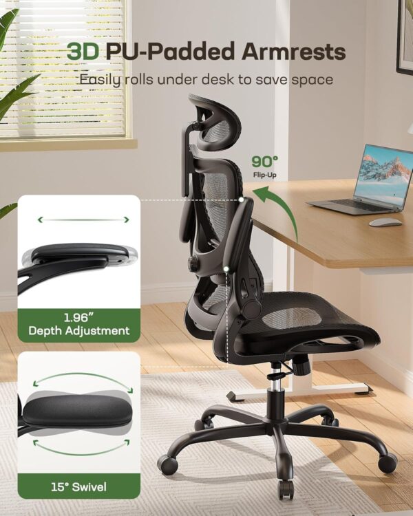 Marsail Ergonomic Mesh Office Chair High Back Home Office Desk Chair with Adaptive Lumbar Support, 2D Headrest, 3D Flip-Up Armrests, Height Adjustable and Rocking Tilt for Home Office and Gaming - Image 4