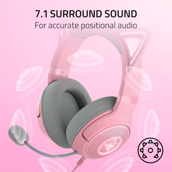 Razer Kraken Kitty V2 USB Wired Headset: Chroma RGB Kitty Ears - Stream Reactive Lighting - HyperClear Cardioid Mic - 40 mm Drivers - 7.1 Surround Sound - Comfortable Ear Cushions - Quartz Pink - Image 5