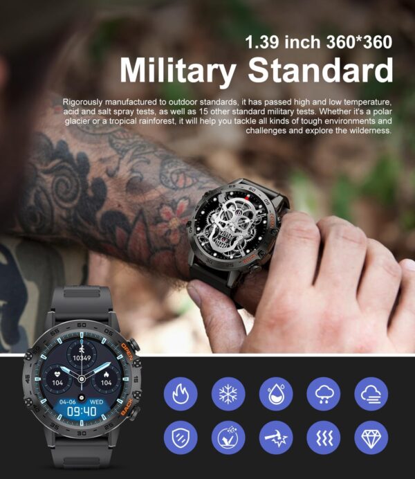 Military Smart Watch for Men(Answer/Dial Calls),100 Sports Modes, 5ATM Waterproof Fitness Watch with Heart Rate/SpO2/Blood Pressure for Android and iOS,1.39''HD DIY Screen Smartwatch Black - Image 4