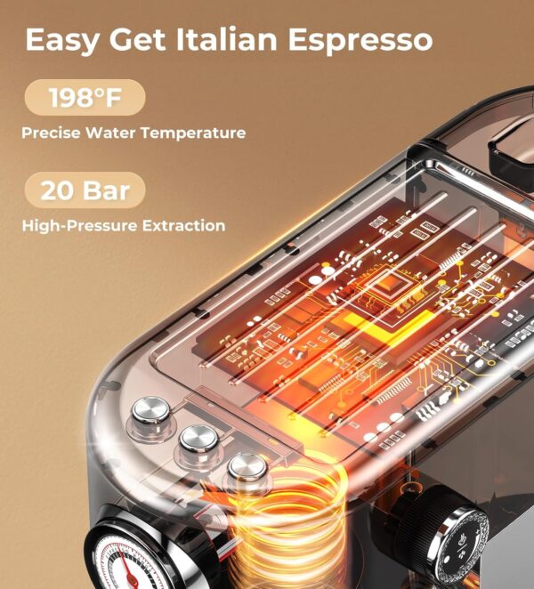 Espresso Machine with Milk Frother, 20 Bar High Pressure Professional Espresso Maker Automatic, Compact Stainless Steel Coffee Machine for Cappuccino, Latte, Gift for Coffee Lover, Silver - Image 4