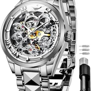 OUPINKE Men's Skeleton Mechanical Watches Luxury Dress Automatic Self Winding Sapphire Crystal Waterproof Tungsten Steel Band Wrist Watches