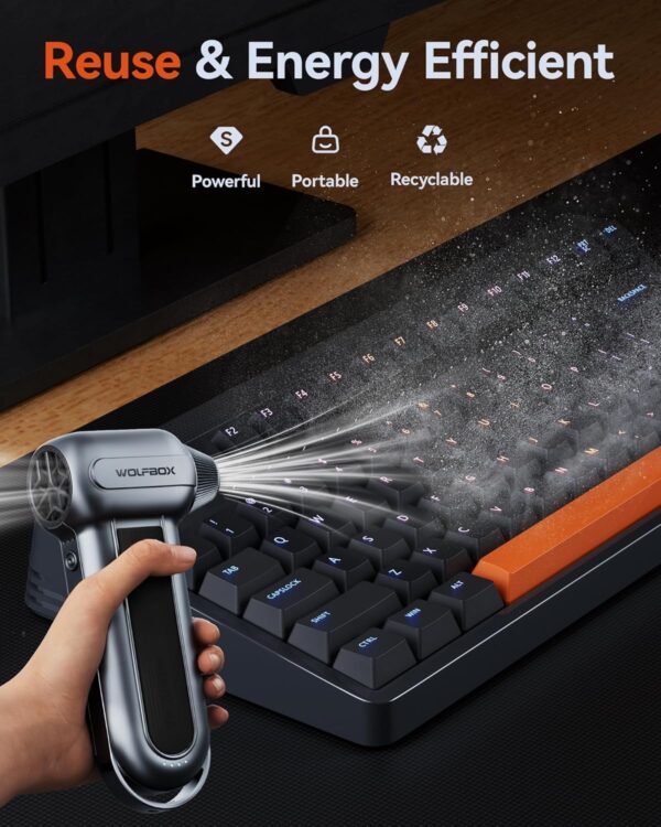 WOLFBOX MF100 Electric Air Duster-150000RPM Super Power Cordless Air Duster, Rechargeable Brushless Motor Durable Blower, 3-Gear Adjustable Dust Blower for Computer, Keyboard, Outdoor, House and Car - Image 6