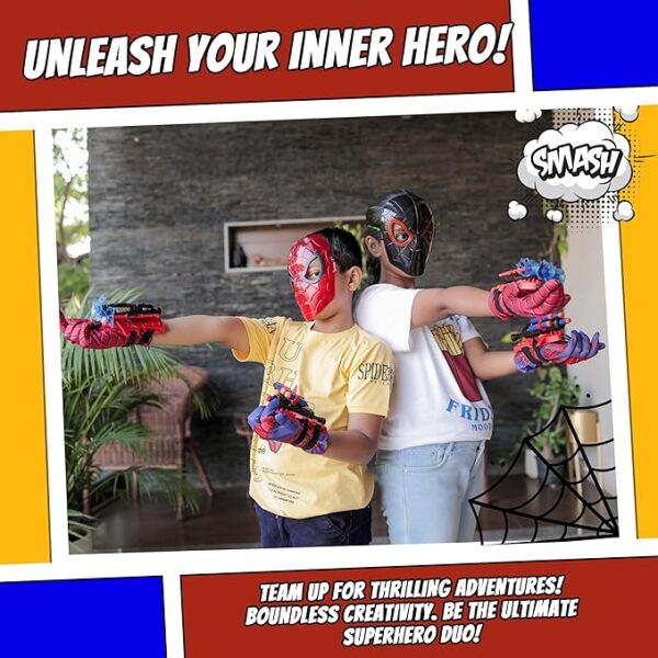 Superhero Web-Slinging Toy Set – 7-in-1 Superhero Set Includes 2 Web Shooters, 2 Hero Masks, 2 Gloves, and 1 Cape – Ideal for Indoor and Outdoor Costume Role-Playing, Imaginative Play for Kids Ages 3+ - Image 3